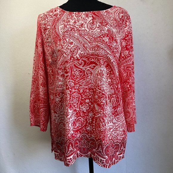Artisan NY Blouse women M Red Paisley 3/4 Sleeve semi sheer chiffon tunic‎ top - Picture 1 of 7